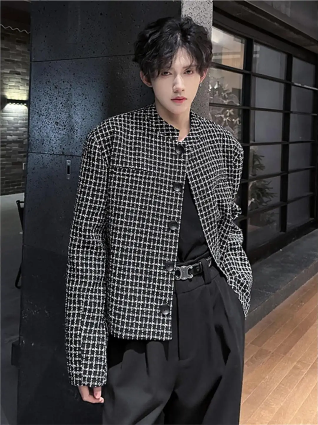 

Ele ort Men's Suit Jaet Spring Autumn Loose Plaid Faion Icon Button up Casual Outerwear Polyester Fabric Straight Hem