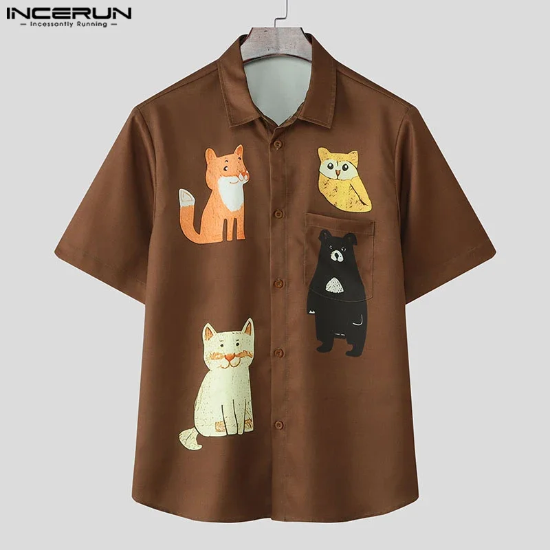 

INCERUN Мужская рубашка с принтом и лацканами с коротким рукавом, летняя уличная одежда, мужские рубашки, свободные 2021, корейский стиль, модная мужская одежда, S-5XL