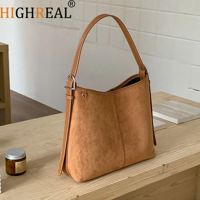 

Autumn and Winter Faux Suede Bucket Bag Matte Texture Shoulder Bags for Women Retro Commuting Shopper Purses and Handbag New
