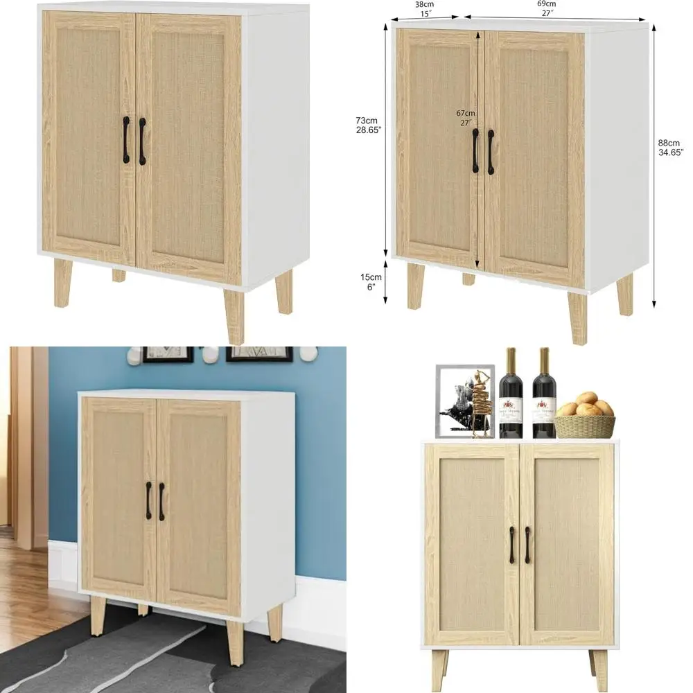 

Rattan Door Accent Kitchen Storage Cabinet, White Buffet Cupboard with Decorative Doors for Dining Room