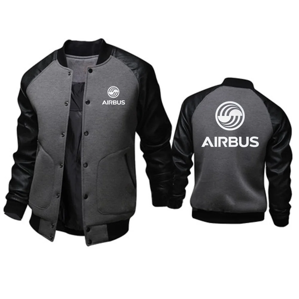 Men\'s Baseball Coats Patchwork PU Sleeve Stand Collar Jackets Outerwear AIRBUS AVIATION Flight Airbusfan A320  Men Jacket S-4XL