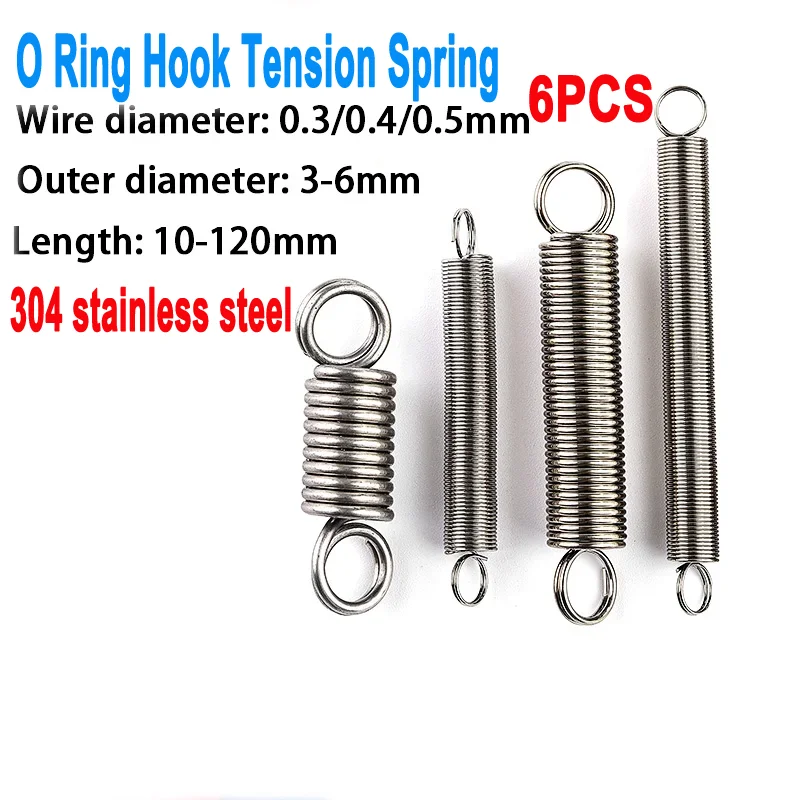 6Pcs Wire Diameter 0.3mm 0.4mm 0.5mm O Ring Hook Tension Spring 304 Stainless Steel Closed Hook Extension Spring