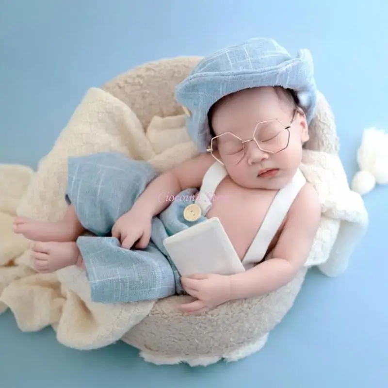 Y1ub حديثي الولادة الدعائم الصبي بوي جينتلمان يناسب رومبير مع رعاة البقر قبعة صبي حديثي الولادة ، زي صورة ممتازة للتقاط الصور #5