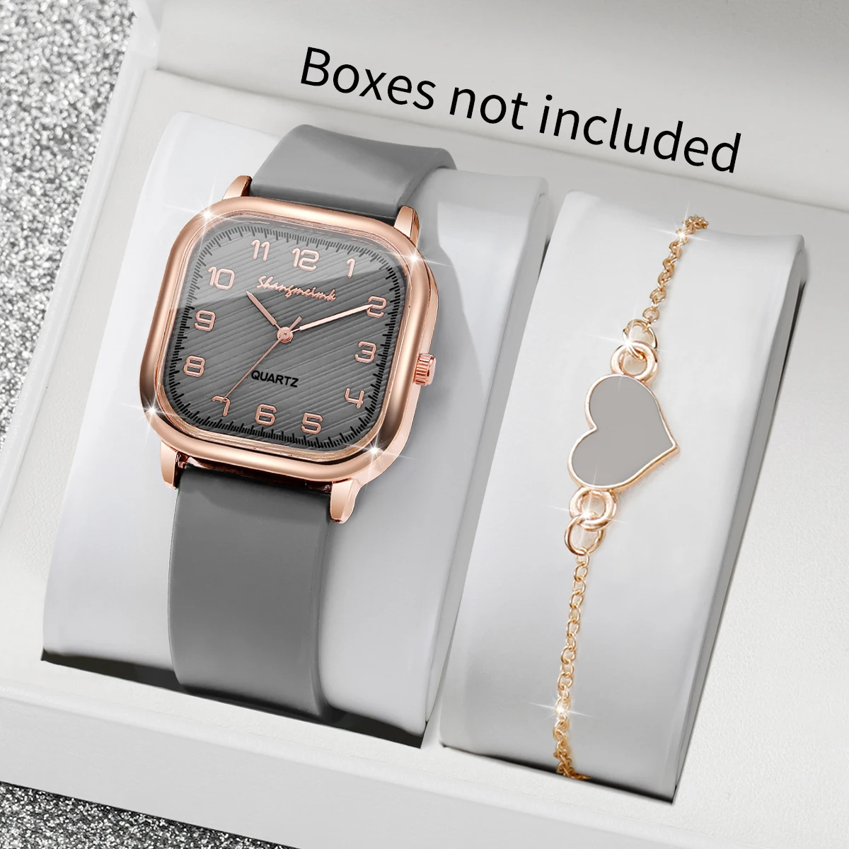 2PCS/Set Fashion Square Women Watches Casual Silicone Strap Quartz Watch Heart Bracelet Set Reloj Mujer（Without Box）