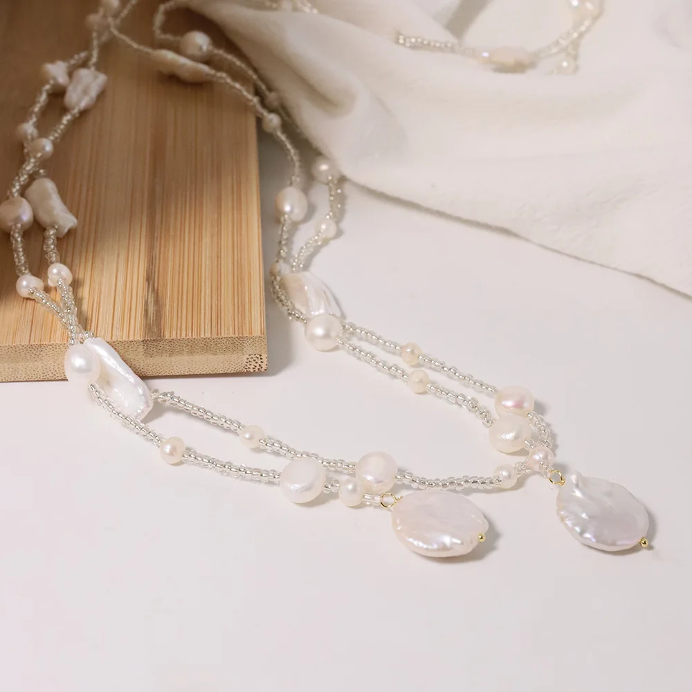 

White Water Drop Shape Baroque Pearl Necklace for Women Fashion Irregular Freshwater Pearl Handmade Jewelry Sweater Chain Choker