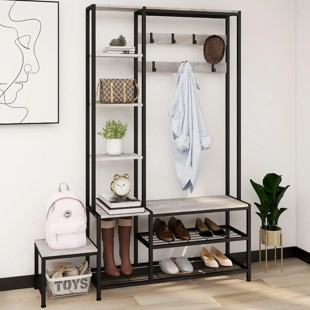 Hall Tree with Shoe Storage Bench Coat Rack with 7 Hooks Interchangeable 4 Tier Side Storage Shelves Small Cute Side Bench Indus