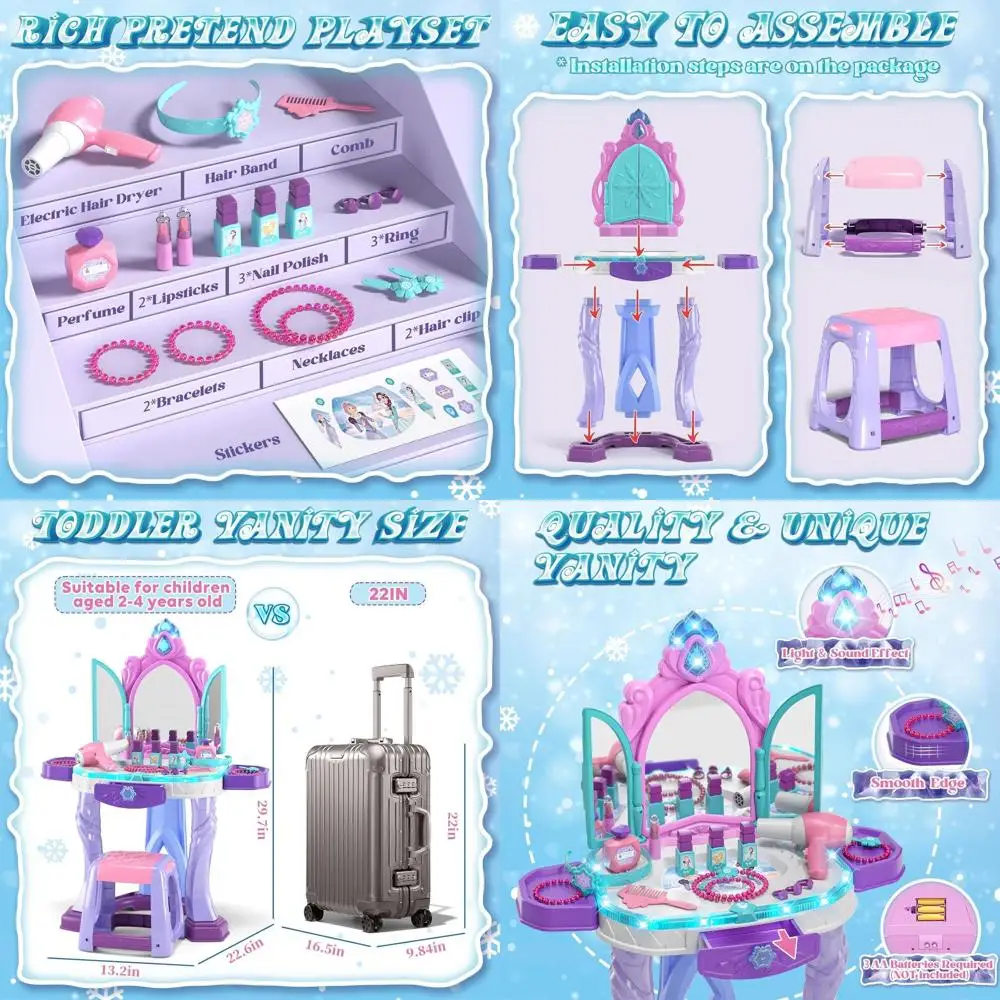 

Children's Vanity Set with Mirror, Stool, Lights & Music - Pretend Play Makeup Table for Girls, Age 3-5