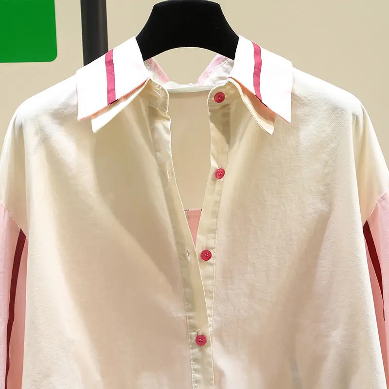 المألوف اللون حجب مخطط قميص سترة قصيرة للنساء 2025 أوائل الربيع والخريف جديد الكورية فضفاض قميص غير رسمي