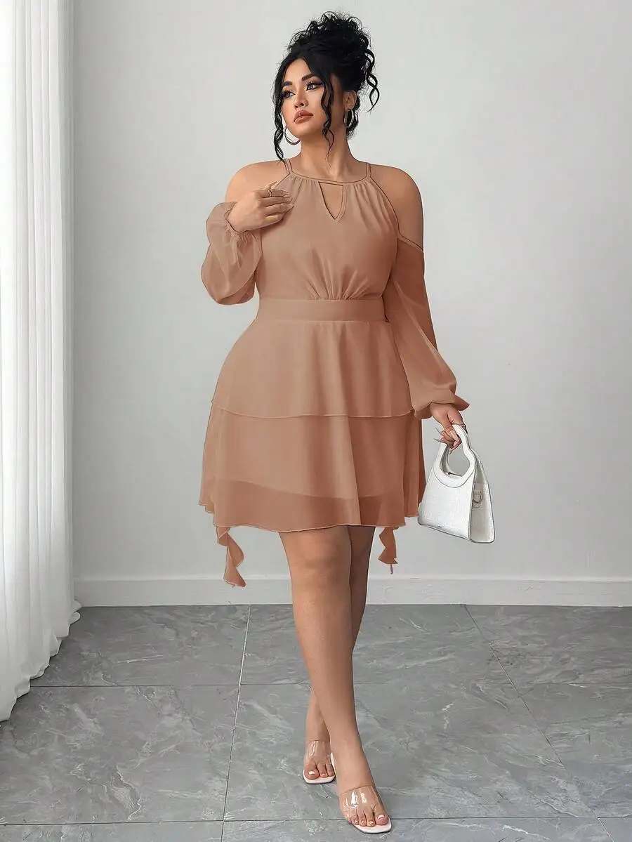 

Plus Size Women Open Shoulder Solid Keyhole Neck Lantern Sleeve Dress