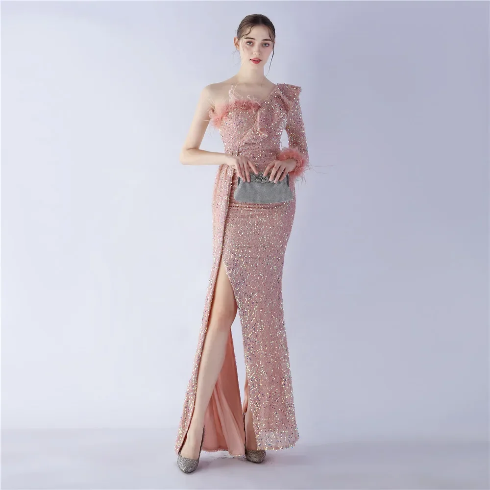 Sladuo-Robe de cocktail longue fendue à manches 3/4 avec plumes pour femme, robe formelle sirène élégante à paillettes, une initiée