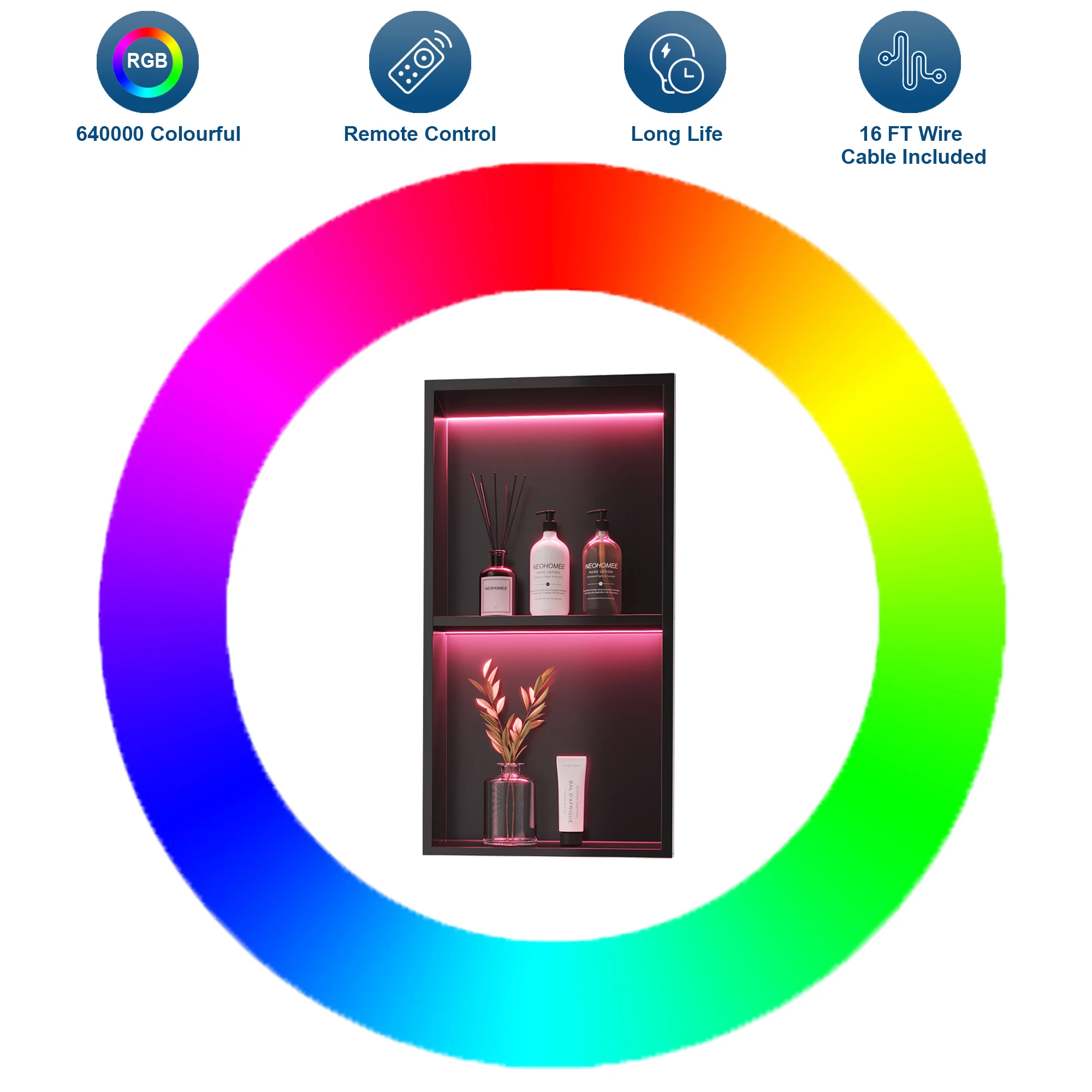 Modern Double-Layer Black Stainless Steel Wall Niche Trendy RGB Color Lights Changing IPX67 Waterproof Rating for Bathroom Use