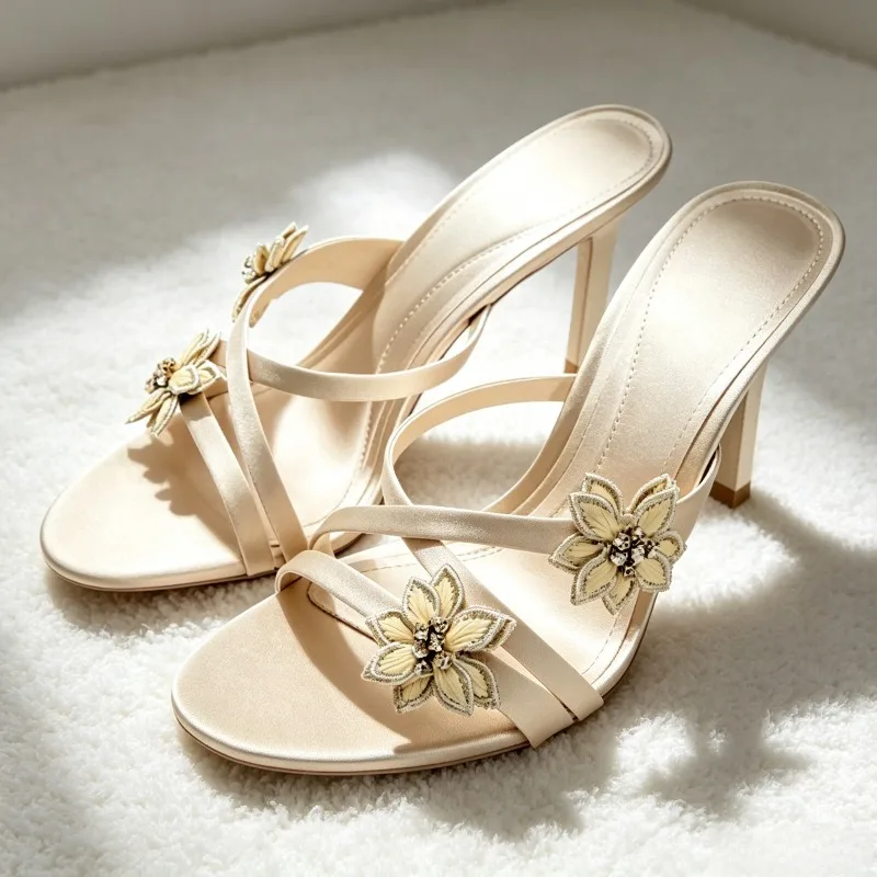 

Luxury Crystal Flower Applique Mule Sandals Women Elegant Open-toe Cross Tied Stiletto Slide Sandals Fashion Wedding Bride Shoes