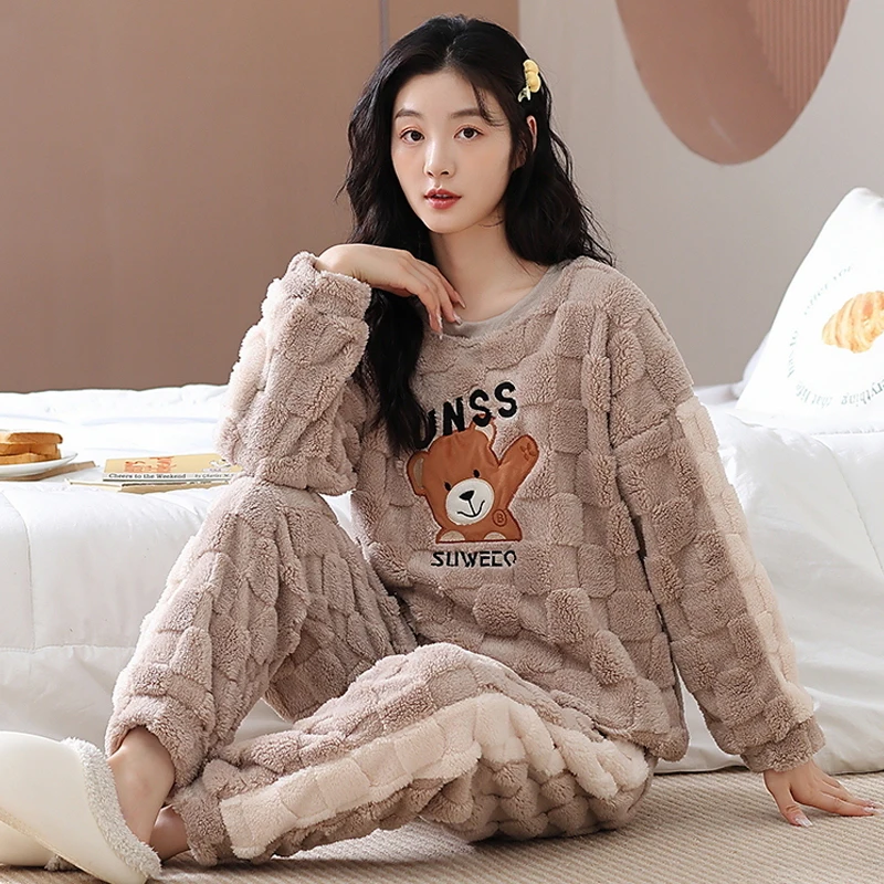 Big Size M-5XL Winter Thick Warm Women Flannel Pajamas Set  Cute Cartoon Homewear Female Nighty