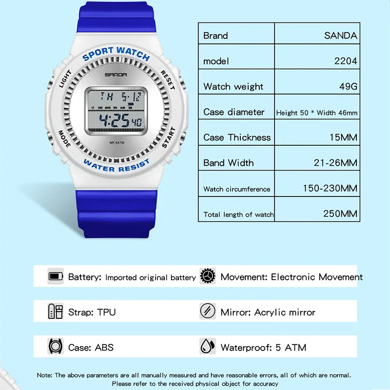SANDA 남성용 디지털 시계 세련된 스포츠 손목시계 다기능 발광 스톱워치 카운트다운 방수 학생 전자 시계