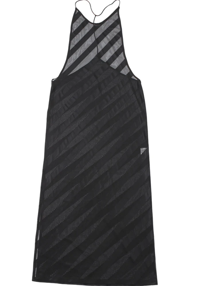 فستان ماكسي نسائي مثير من Beyprern مخطط شفاف وحزام سباغيتي أسود بدون ظهر شفاف من خلال فستان الحفلات المسائية والنوادي