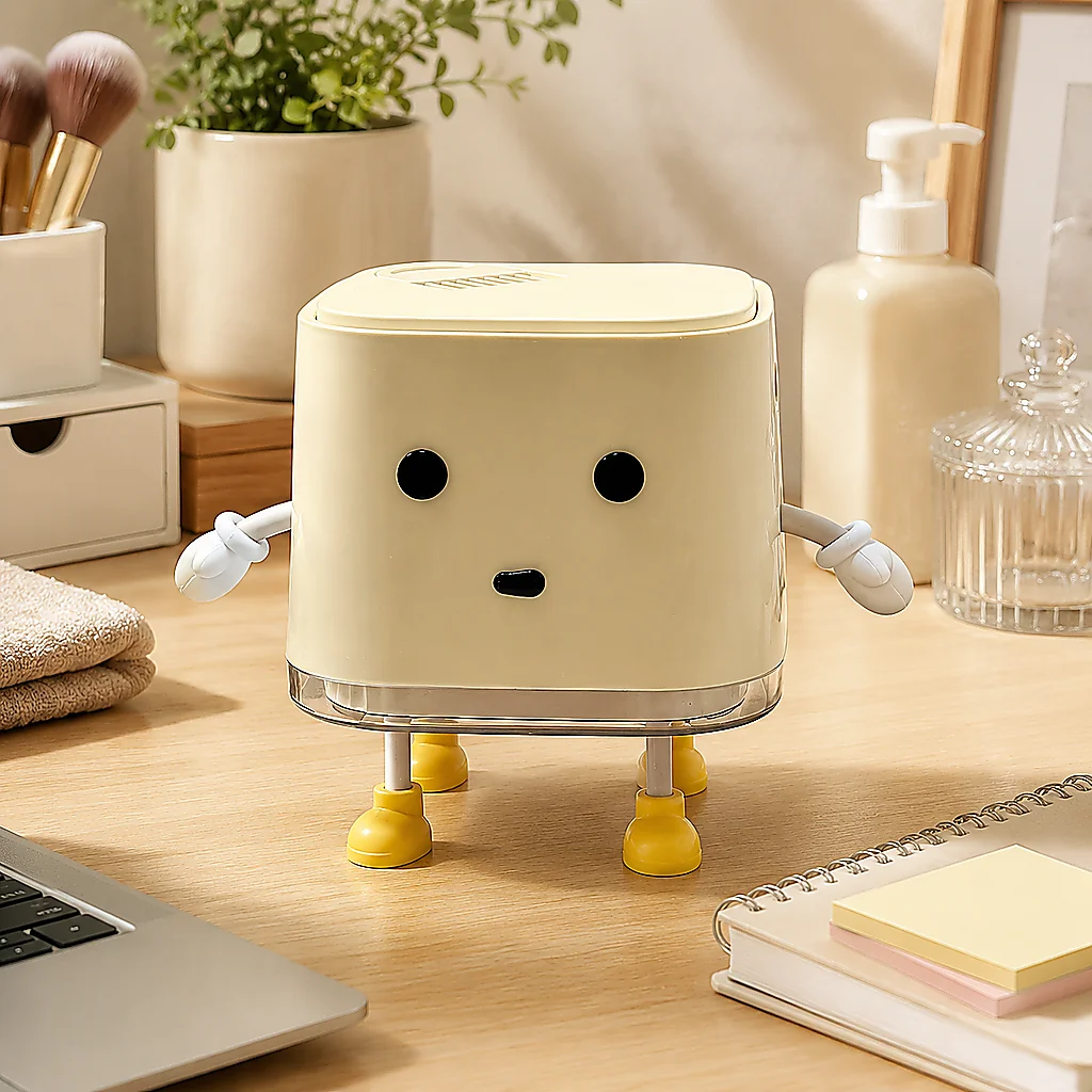 Decorative Standing Cartoon Desktop Trash Can with Removable Cleaning Brush, Small Lidded Table Garbage Bin for Bedroom, Dorm, Office Desk & Vanity