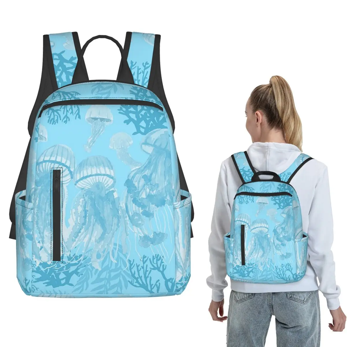 Light Blue Jellyfish Watercolor Painting Backpack Daypack Children BookBag School Bag Shoulder Bags for Men Women