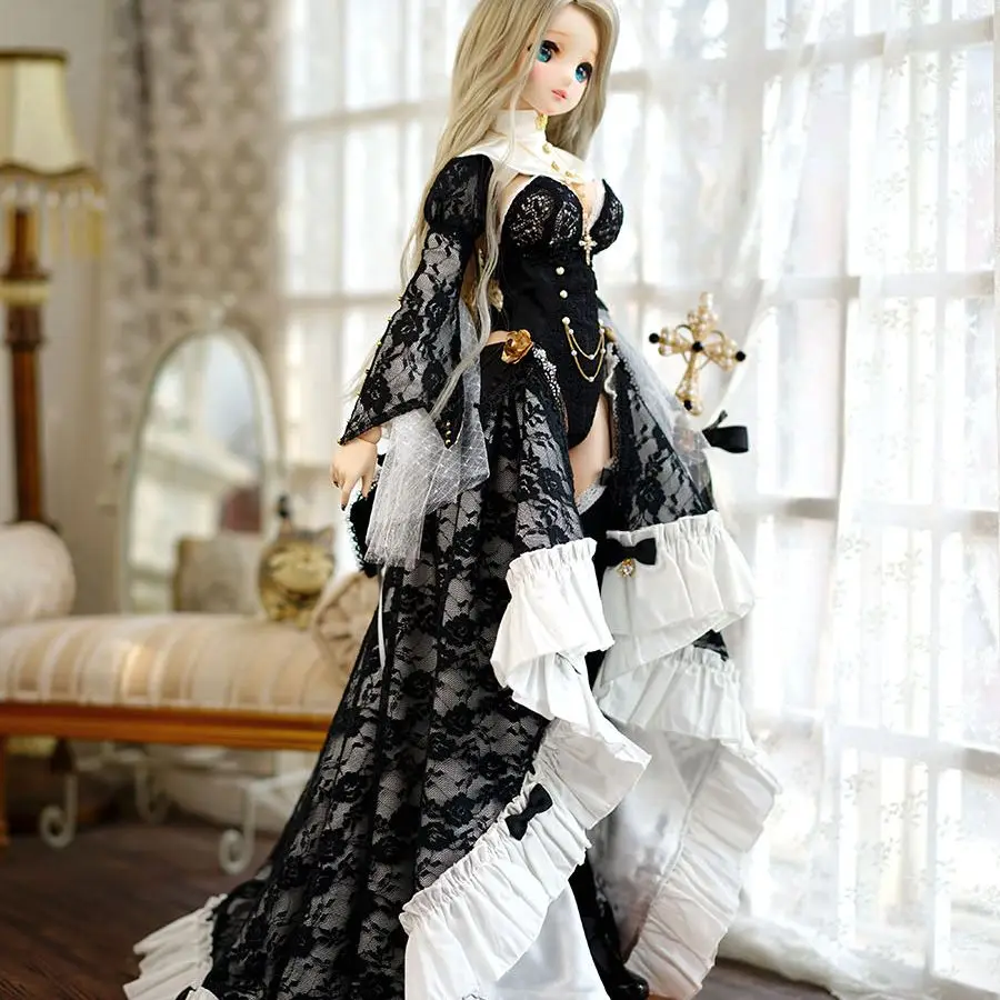 

Gorgeous 1/4 1/3 Black Rose Nun skirt DDDY SD Gothic Style Dress MDD Kumako Queen Coronation Wedding Dress BJD Doll clothes