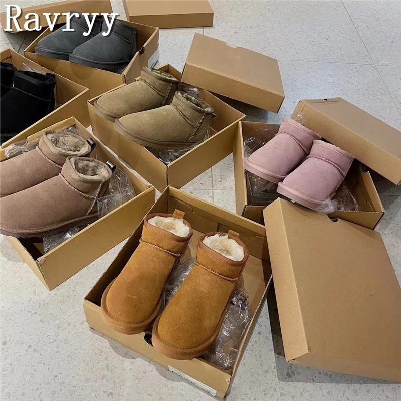 

New Winter Classical Women Snow Boots Cow Suede Round Toe Flat Bottom Wool Ankle Boots Casual Thicken Warm Boots Woman