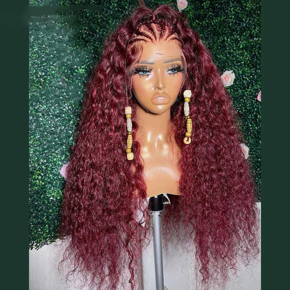 Soft Kinky Curly Burgundy Natural Hairline Wine 180Density 26“Long 99j Lace Front Wig For Black Women Baby Hair Preplucked Daily