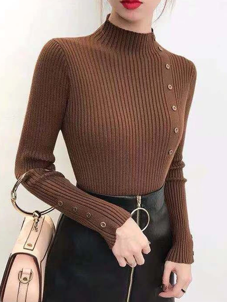 2024 Women Autumn Knitted Slim Sweaters Solid Knitted Female Cotton Soft Elastic Color Pullovers Button Full Sleeve Turtleneck