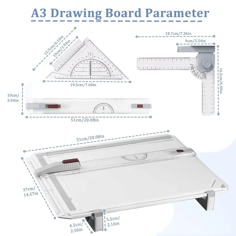 A3 Portable Drawing Board, Multi-Functional Metric Drawing Table with Parallel Movement Accessory, Adjustable Angle.