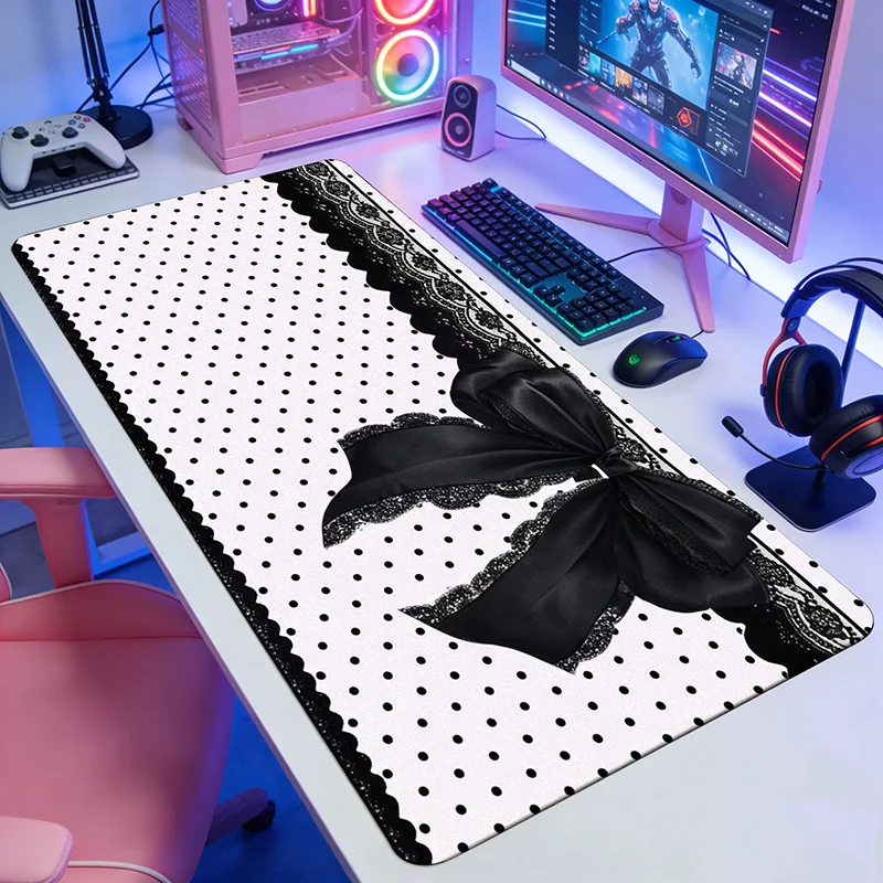 Kawaii Pink Girl Polka Dot Lace Bow Sweet XXL PU Leather Mouse Pad E-sports Game Keyboard OfficeStudent Desktop Decoration