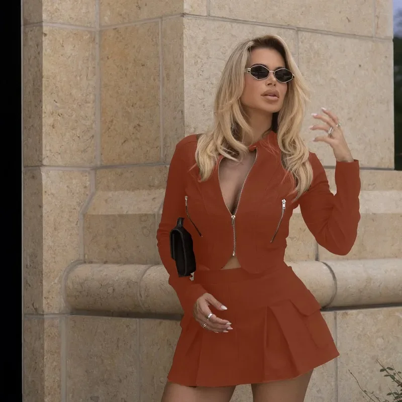 

GUWU Casual Elastic Long Sleeved Zipper Top and Pleated Dress Sets Fall Women Two-piece Set Fasjion Street