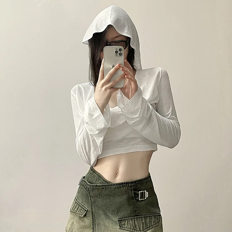 Women Spring Summer Thin Long-sleeved Shirring Tshirt Short Style Casual Pullovers Sunscreen T-shirt Solid Folds Sheer Tee Shirt