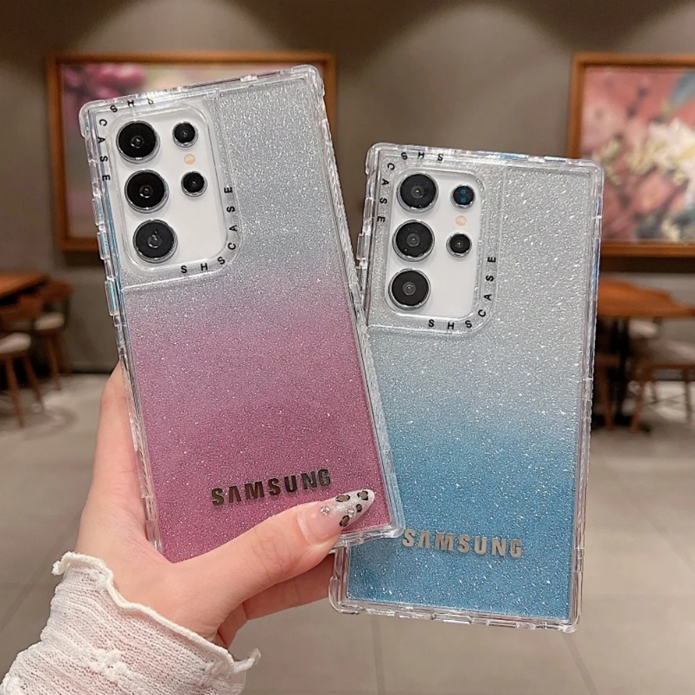 3 in 1 Clear Gradient Glitter Case Samsung Galaxy S25 S24 S23 S22 Ultra Plus S23 FE A54 A34 A25 A24 A15 Full Logo Protect Cover