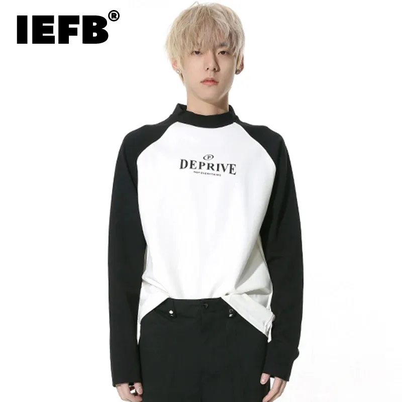 

IEFB Korean New Fashion Men's T-shirt Round NeckPatchwork Contrast Color Letter Printing Male Long Sleeve Tops Autumn 9C4391