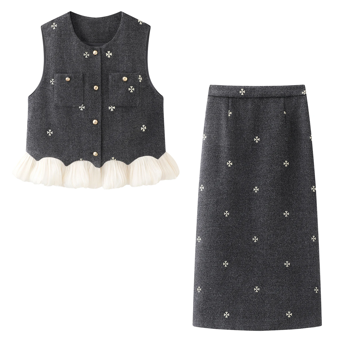 Gray Ensemble for Women Commute Fashion 2026 Spring New Style Casual round Neck Two-Piece Set Floral Pattern Office Wear