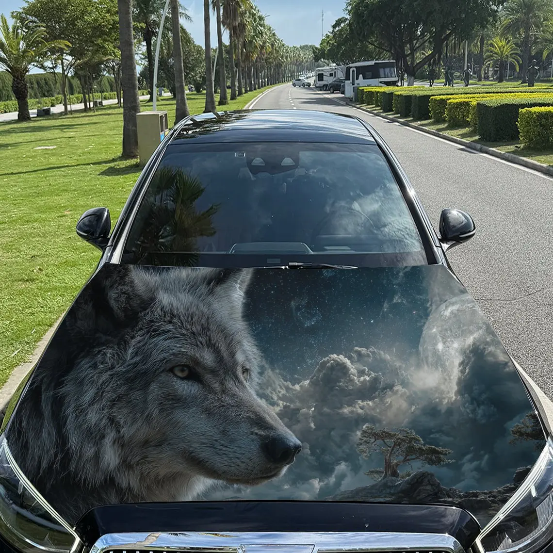 Giant Black Wolf Car Vinyl Wrap, PVC Waterproof Car Hood Sticker, Self-Adhesive Scratch-Resistant Stickers For Engine Cover, Car