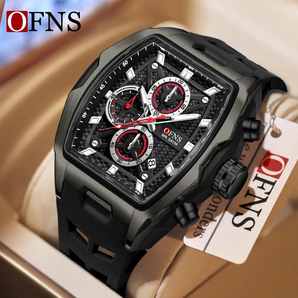 Ofnsn1205 moda esportes relógio masculino seis agulha quartzo cronómetro 5atm à prova dwaterproof água calendário luminoso na moda vestir