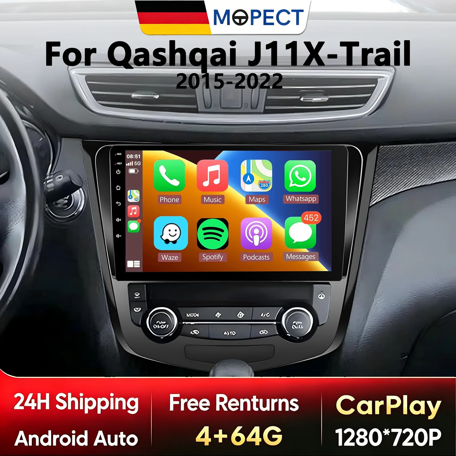 Autoradio MOPECT per Nissan Qashqai J11 X-Trail 3 T32 2013-2017 con CarPlay Wireless e Android Auto - Sistemi Intelligenti per Auto