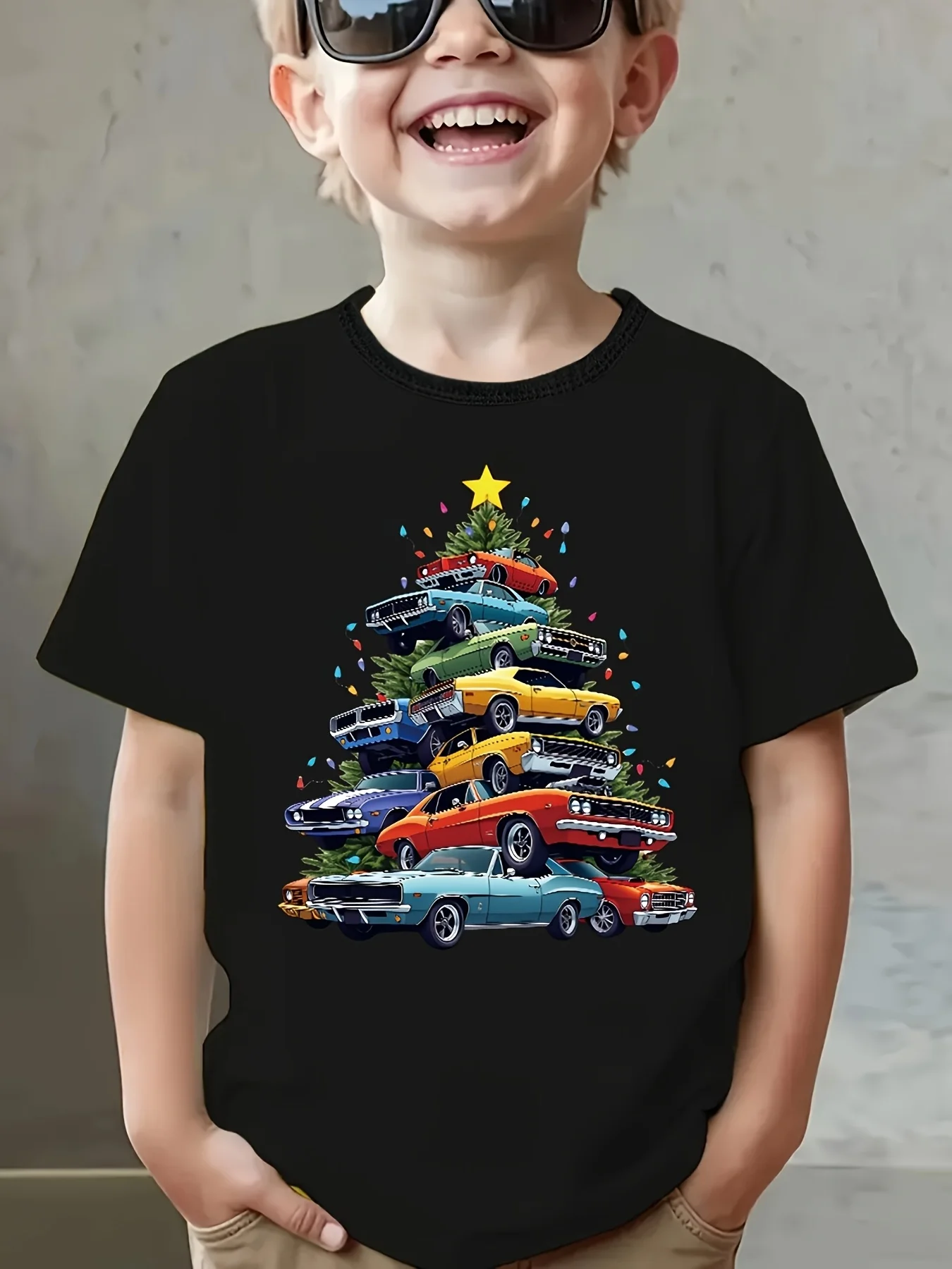 Spring‑Summer‑Autumn Boys Christmas Short‑Sleeve Top, Creative Car Christmas Tree Print Casual Crew‑Neck Kids T‑Shirt