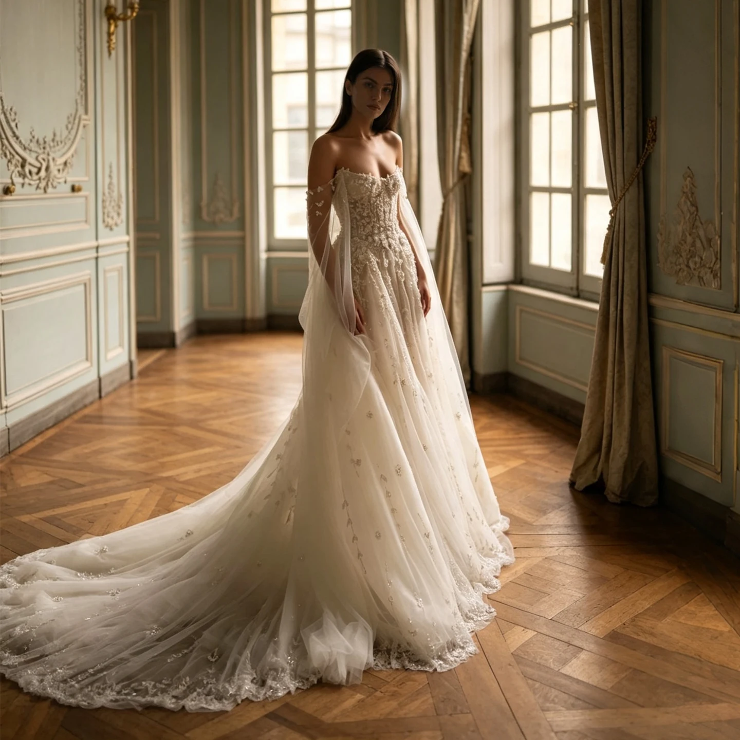 Sheer Fairy Wedding Dress Elegant Off Shoulder A-Line Tulle Corset Floral Beaded Train Dubai Luxury Bridal Gown SW746 Customized