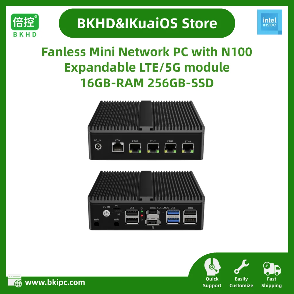 

Fanless Mini Network PC With Intel N100 4x2.5GbE 16GB RAM 128GB SSD Expandable LTE 5G Module for Router Firewall G30W-1264NP4L5G