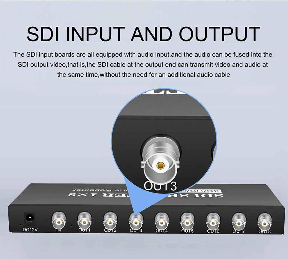 SDI Splitter 1x8 Distribution Amplifier 1 Input 8 Outputs Supports SD-SDI HD-SDI 3G-SDI up to 1320 Ft for Video Distribution