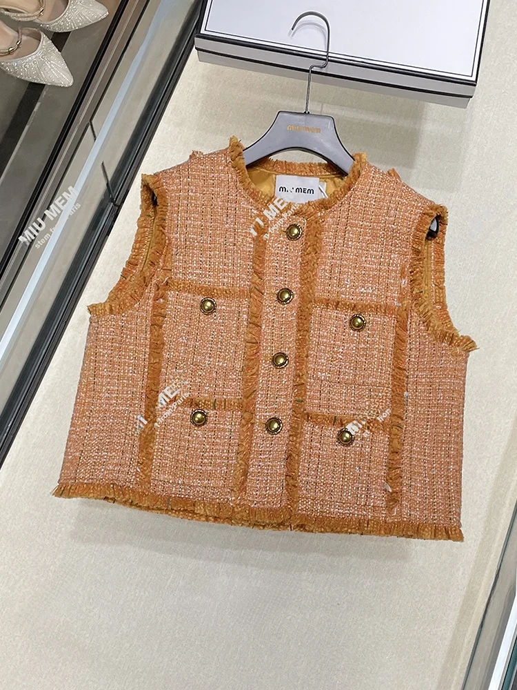 High-End Autumn Winter Tweed Fringe Vest Outerwear for Women Commute Sle with kets round Ne Single Button Closure