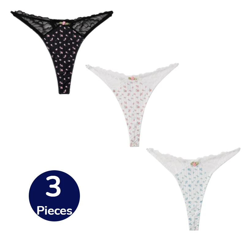 TrowBridge 3-teiliges Set Damenslips Süße Schleifenstrings Sexy Dessous Modische Blumen Komfortable Atmungsaktive Unterwäsche G-Strings
