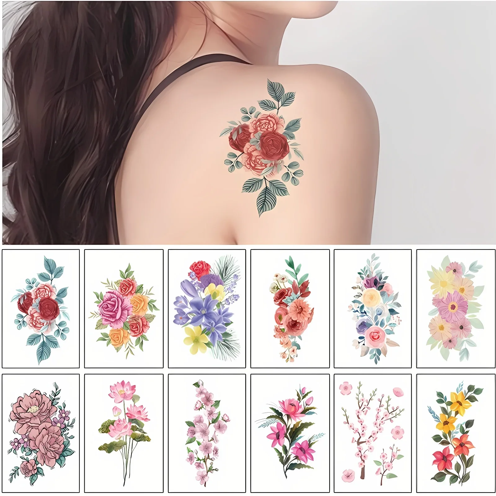 12pcs/lot Flower Fake Tattoo Stickers Floral Chinese Rose Disposable Temporary Tattoos for Summer Chest Forearm Shoulder Neck