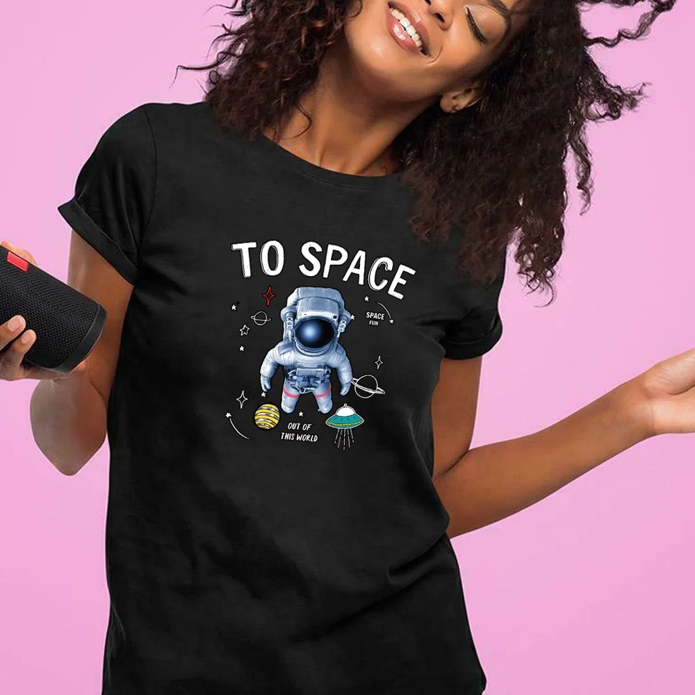 Fun Astronaut Printing Tshirt Pullover 2023 Summer New Short-sleeve Harajuku Women's O-neck Fashion Female Casual Commuter Tops