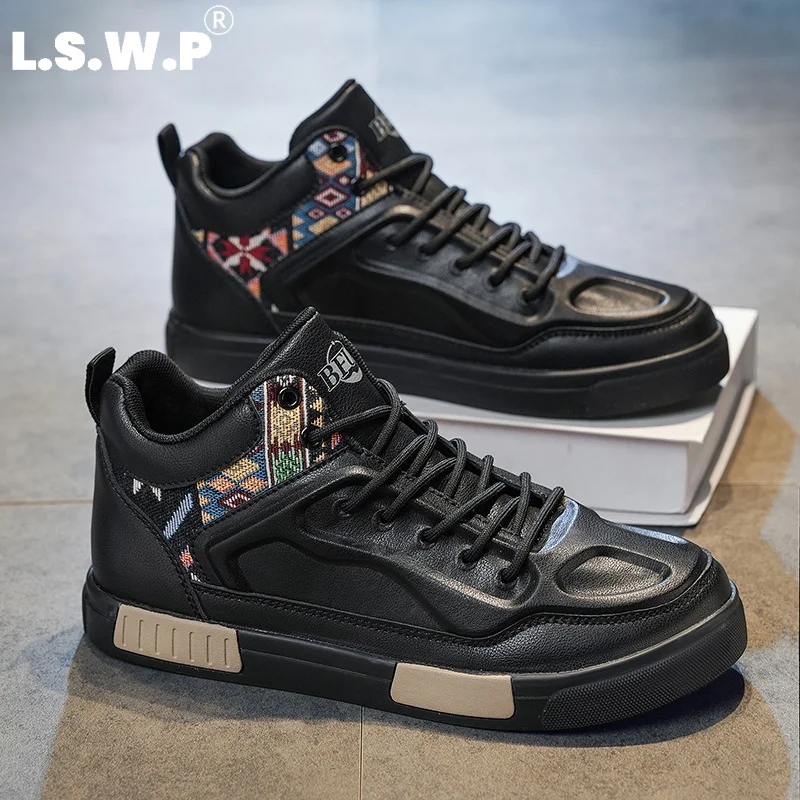 Men's Running Shoes, New Retro Ethnic Style Men's High-Top Sneakers, Color-Blocking Pu Leather Casual Men's Shoes, Wear-Resistant Thick-Soled Mid-Top Trendy Shoes, Street Fashion Versatile Commuter Casual Sports Shoes
