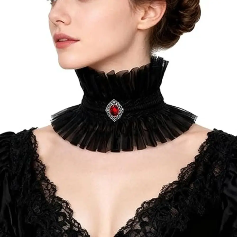 Neck Jewelry Ruffle Gothic Collar Black White Victorian Style Ruffle Collar Gem Decorated Lace Jabot Collar Renaissance Fairs