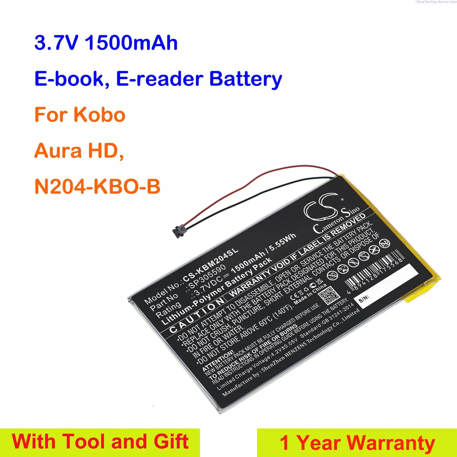 Cameron Sino 1500mAh E-book, E-reader Battery SP305590 for Kobo Aura HD, N204-KBO-B + Tools and Gifts