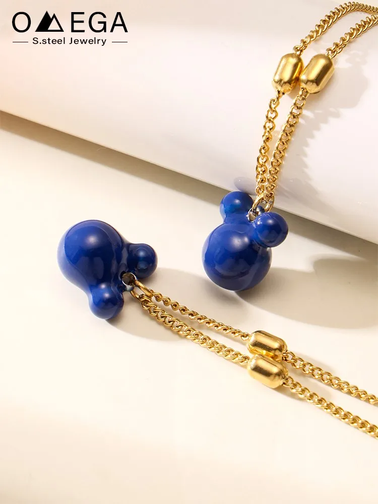 Stainless Steel Bear Pendant Chain Necklace For Women 18k Gold Plated Waterproof Non Tarnish Women's Blue Enamel Beads Necklaces