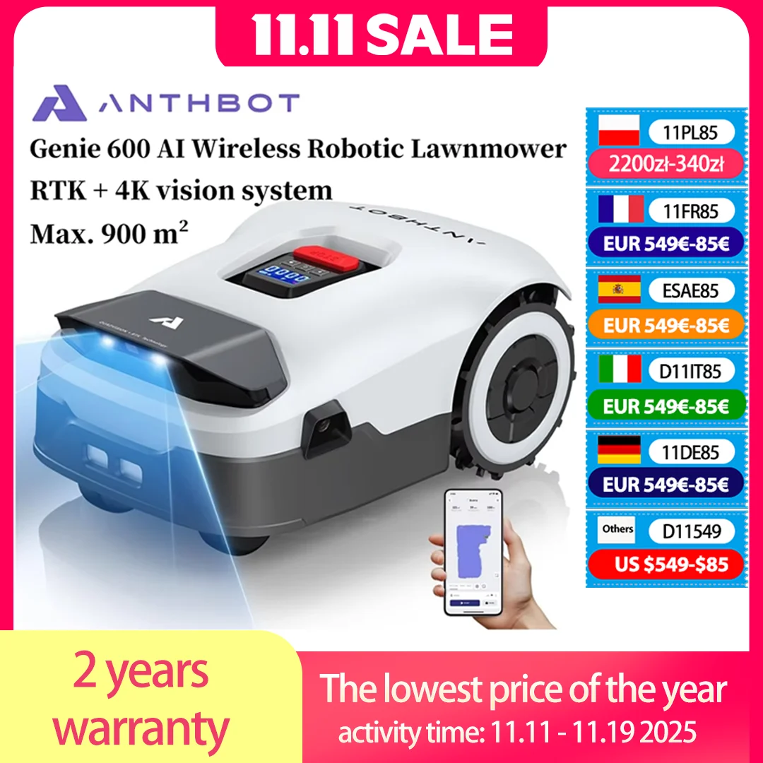 ANTHBOT Genie 600 AI Wireless Robotic Lawnmower, Max. 900 m², Full Frequency Band RTK + 4 Camera Vision Lawn Mower Robot
