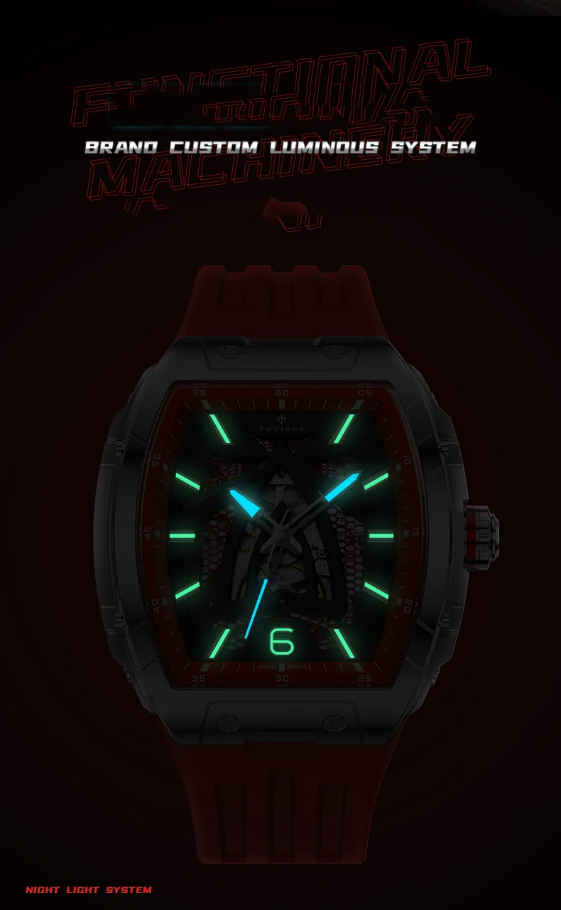 Мужские автоматические часы PONIGER, 44 мм, корпус Tonneau, механические наручные часы, сапфировый светящийся полый циферблат, резиновый ремешок