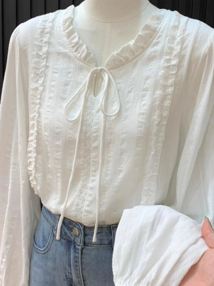 Ele White Lace Trim irt Damen Faionable Herbst Winter Top French Sle Slim Fit Long Sve Pure Color Girl's irt